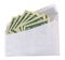White envelope with dollars on white background,