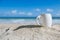 White espresso coffee cup with ocean , beach and seascape