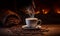 White espresso cup and coffee beans in metal scoop scattered from burlap bag on dark table background with copy space