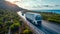 white European semitruck is seen from the sky on a highway backed by vegetation