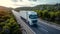 white European semitruck is seen from the sky on a highway backed by vegetation