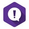 White Exclamation mark in circle icon isolated with long shadow. Hazard warning symbol. Purple hexagon button