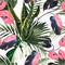 White exotic monstera, pink liana branches  and many kinds of plant seamless pattern.