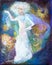 White fairy woman spirit in bright dress on abstract colorful