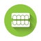 White False jaw icon isolated with long shadow. Dental jaw or dentures, false teeth with incisors. Green circle button