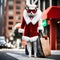 White fancy cat poses in a winter white sheep`s wool coat on the street