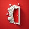 White fantasy door with balls on red background. Beautiful opened door. Mystique doorway. Entrance to unknown future