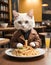 A white Felidae cat is enjoying a meal of spaghetti on a table