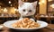 A white Felidae is eyeing a plate of pasta, a carnivores staple food