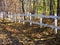White fence made of wood near the woods and the road covered of leaves during Fall-Stock photos