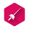 White Fencing icon isolated with long shadow background. Sport equipment. Pink hexagon button. Vector