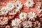 White few big flowers, vintage bricked wall,aesthetic coral background.