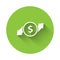 White Financial growth and dollar coin icon isolated with long shadow. Increasing revenue. Green circle button. Vector
