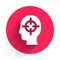 White Finding a problem in psychology icon isolated with long shadow. Red circle button. Vector