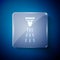 White Fire sprinkler system icon isolated on blue background. Sprinkler, fire extinguisher solid icon. Square glass