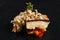 The white fish on plate with vegetables. Kosher food. Shallow dof.