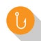 White Fishing hook icon isolated on white background. Fishing tackle. Orange circle button. Vector Illustration