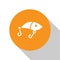 White Fishing lure icon isolated on white background. Fishing tackle. Orange circle button. Vector