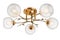White five-lamp chandelier with a golden base and white matte shades with floral ornaments