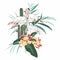 White flamingo bird, tropical plumeria flowers, palm leaves, jungle leaf composition.