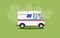 White flat cartoon post or delivery van vehicle with driver or courier on green background
