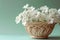 White floral charm radiates from an intricately displayed braided basket