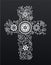 White floral Christianity cross on black background.