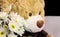 White flower bouquet with cute bear doll gift background