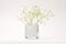 White flower bouquet in vase on gray interior. Minimalist still life. Light and shadow nature horizontal background