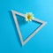 White flower and triangular frame for text on a bright blue background. Text space. Top view. Minimal style