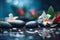 White flowers black pebble stones and water and bokeh blurred nature background spa environment Generative AI Illustration