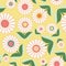White flowers and green leaves in floral folk art design. Seamless vector pattern on fresh yellow background. Great for