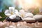 White flowers white pebble stones and bokeh blurred multi color nature background spa environment Generative AI Illustration