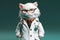 White fluffy cat in glasses and a medical gown