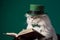 White fluffy cat in a hat reading a book on green background. AI generated