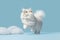 White fluffy cat, she is jumping on the blue background with a white clouds.AI generated