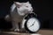 The white fluffy cat tenderly leaned against the alarm clock. A sleepy cat rubs its muzzle against a table clock in the