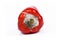 White fluffy mold growth on red bell pepper vegetable on white background