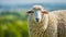 White fluffy sheep looking at camera. Young domestic animal