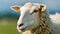 White fluffy sheep looking at camera. Young domestic animal