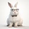 White fluffy smart rabbit with long ears in glasses and a butterfly on his neck, on a white background