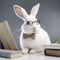 White fluffy smart rabbit with long ears wearing glasses on light background, Generative AI, generative artificial intelligence