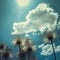 White fluffy wildflowers against the blue sky with white clouds. Sunny summer day