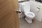 White flush toilet in modern bathroom interior