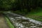 white foam on the surface of the water in the reservoir of the city Park due to rising levels during heavy rains