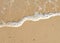 White foamy wave on the beach sand. Top view. Marine texture background