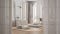 White folding door opening on minimalist bathroom in classic apartment, parquet, freestanding bathtub, washbasin, modern rack with