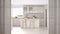 White folding door opening on modern scandinavian kitchen with island, stools and pendant lamps, cabinets and accessories, white