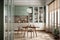 White folding reeded glass partition, design kitchen cabinet, dining room sunlight from window