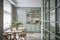 White folding reeded glass partition, design kitchen cabinet, dining room sunlight from window